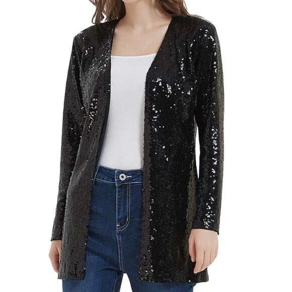 Anna-Kaci Sequin Jacket Cardigan Medium Black Open Front Bling Gala Sparkle NEW! - Picture 1 of 14